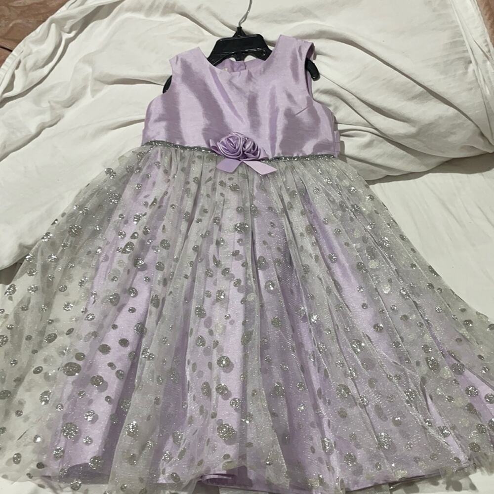 Marmellata 5 lavender silver polka dot long dressy dress worn once euc